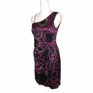 Trina Turk 100% silk one-shoulder black purple dress LBD fringe faux wrap 4